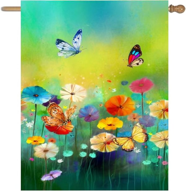 Spring Summer Flags for Outside 28x40 Double Sided Seasonal Floral Butterfly Garden Flag Large Green Flower Yard Flag for Outdoor Patio Lawn Decor