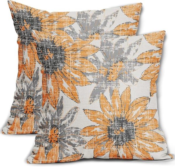 Sweetshow Yellow Grey Gray Pillow Covers 24x24 Set of 2 Retro Sunflower Flowers Print Decorative Throw Pillows Outdoor Modern Art Floral Pillowcase Square Linen Cushion Case for Home Sofa Couch Bed