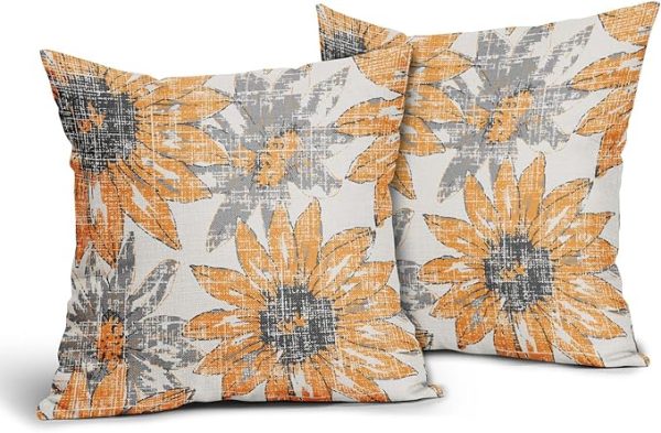 Sweetshow Yellow Grey Gray Pillow Covers 24x24 Set of 2 Retro Sunflower Flowers Print Decorative Throw Pillows Outdoor Modern Art Floral Pillowcase Square Linen Cushion Case for Home Sofa Couch Bed - 图片 5