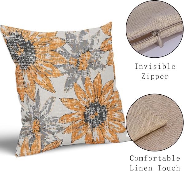 Sweetshow Yellow Grey Gray Pillow Covers 24x24 Set of 2 Retro Sunflower Flowers Print Decorative Throw Pillows Outdoor Modern Art Floral Pillowcase Square Linen Cushion Case for Home Sofa Couch Bed - 图片 3