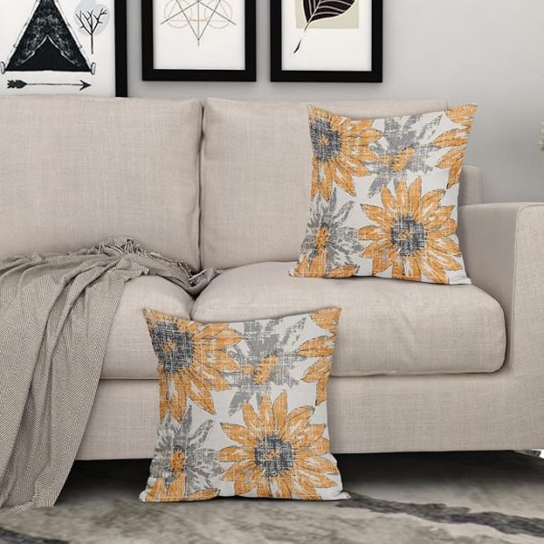 Sweetshow Yellow Grey Gray Pillow Covers 24x24 Set of 2 Retro Sunflower Flowers Print Decorative Throw Pillows Outdoor Modern Art Floral Pillowcase Square Linen Cushion Case for Home Sofa Couch Bed - 图片 4